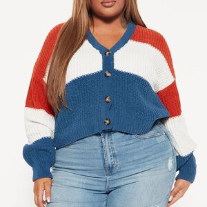 Fashion Nova Colorblock Cardigan in Blue, Orange, and White